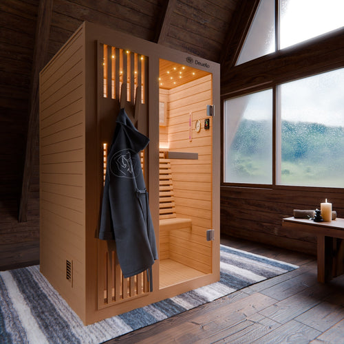 Dewello Finnische Traditionelle Sauna MINTO 120cm x 120cm inkl. 3,5 KW Harvia Ofen